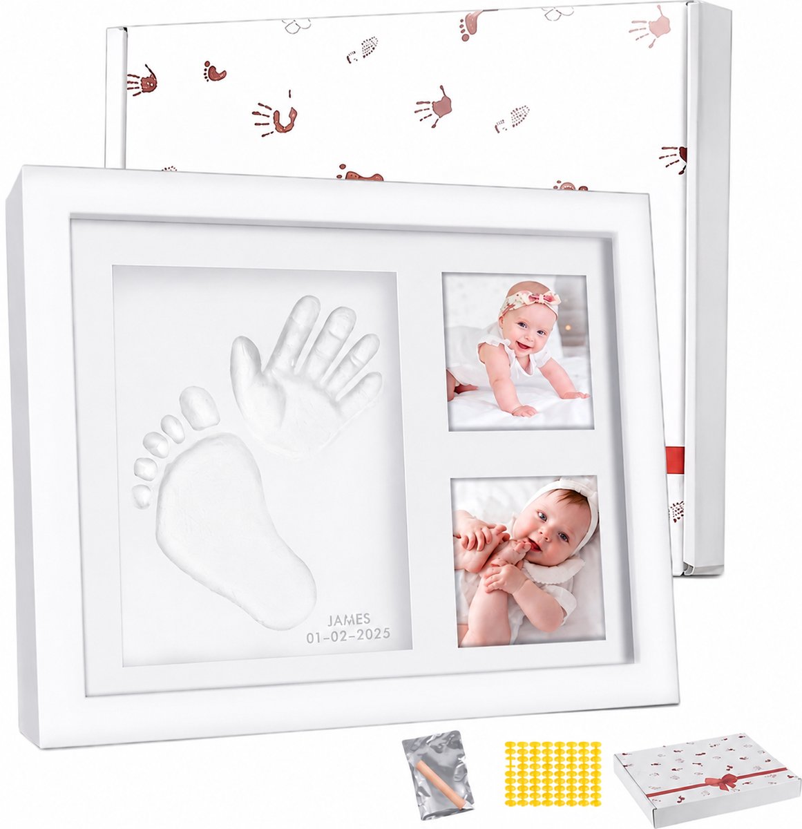 BOBOVEN Baby Hand- en Voetafdruk Fotolijst - Baby Afdrukset met Klei - Herinnering Baby - Wit - Kraamcadeau