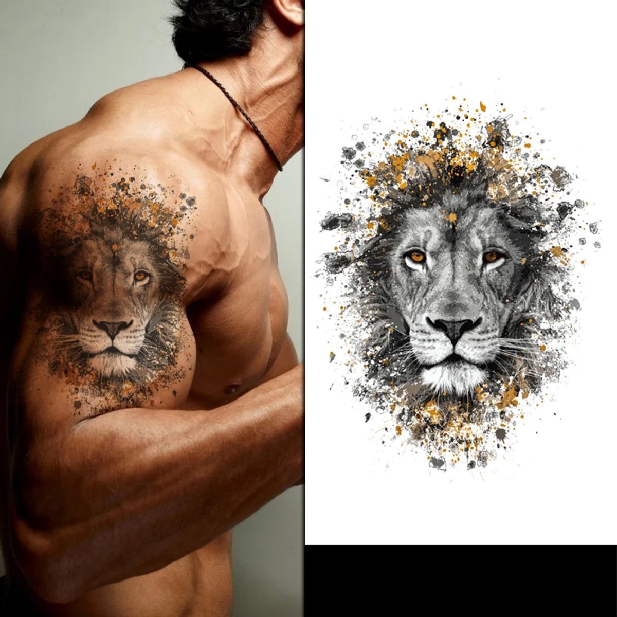 Temporary Tattoo Leeuw Lion (A5 formaat) [Neptattoo - Tijdelijke tatoeage - Nep Fake Tattoos - Water overdraagbare festival sticker henna outfit tattoo - Glitter tattoo - Volwassenen Kinderen Jongen Meisje]