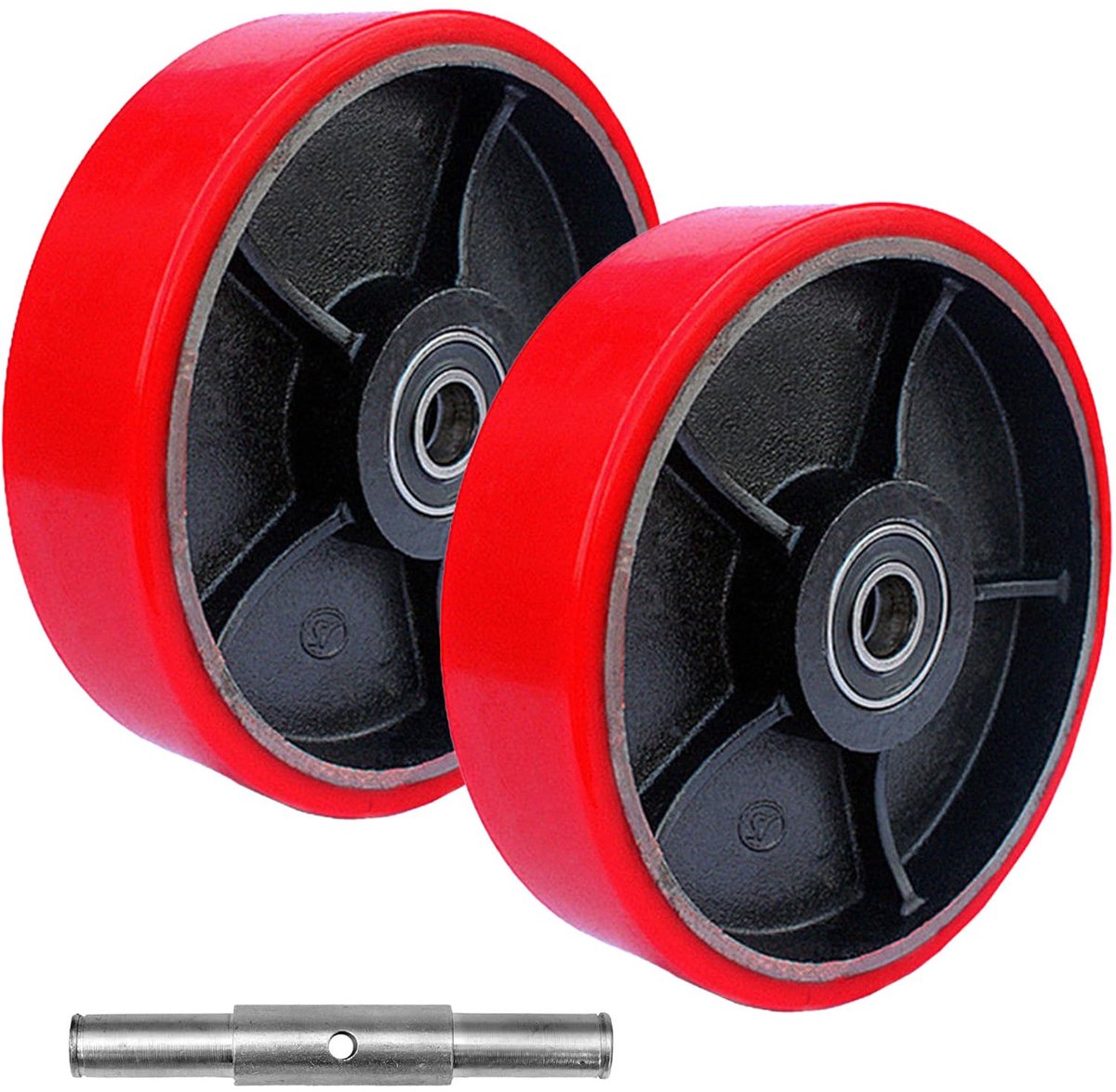 SnelShoppen - 2 stuks hefwagenwielen polyurethaan 180 x 50 mm met 20 mm as, reservewielen met kogellagers, maximale belasting 500 kg voor hefwagens en