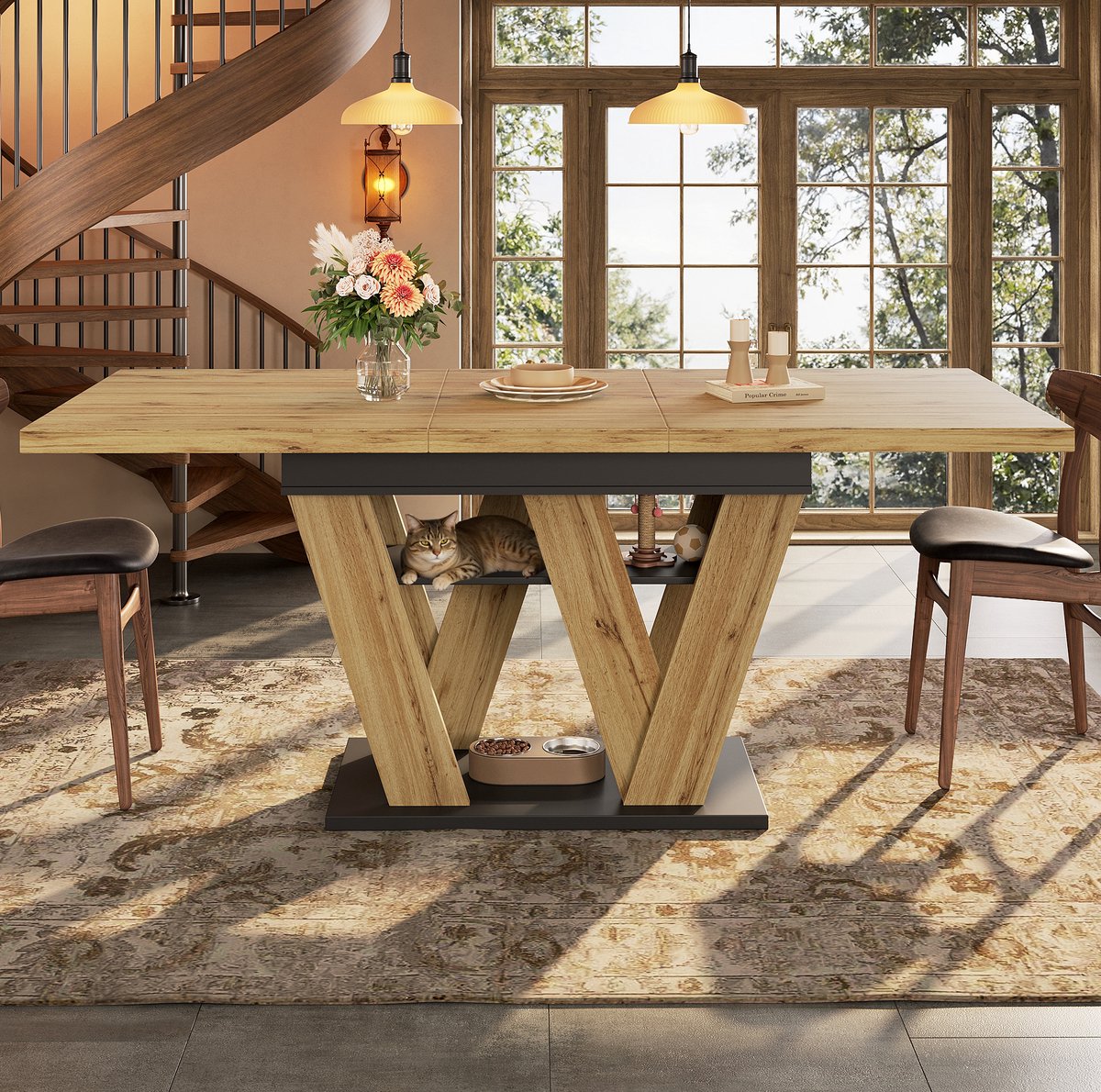 MEUNIQ uitschuifbare eettafel 158,5 x 80 x 75 cm met open opbergvak, rechthoekige tafel voor keuken en woonkamer, naturel blad met zwart onderstel