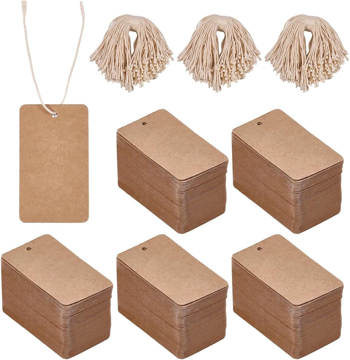 Blanco prijskaartjes 300 stuks met beige koord 1000 stuks, ideaal voor kleding, sieraden en cadeau-etikettering, standaard formaat hangtags