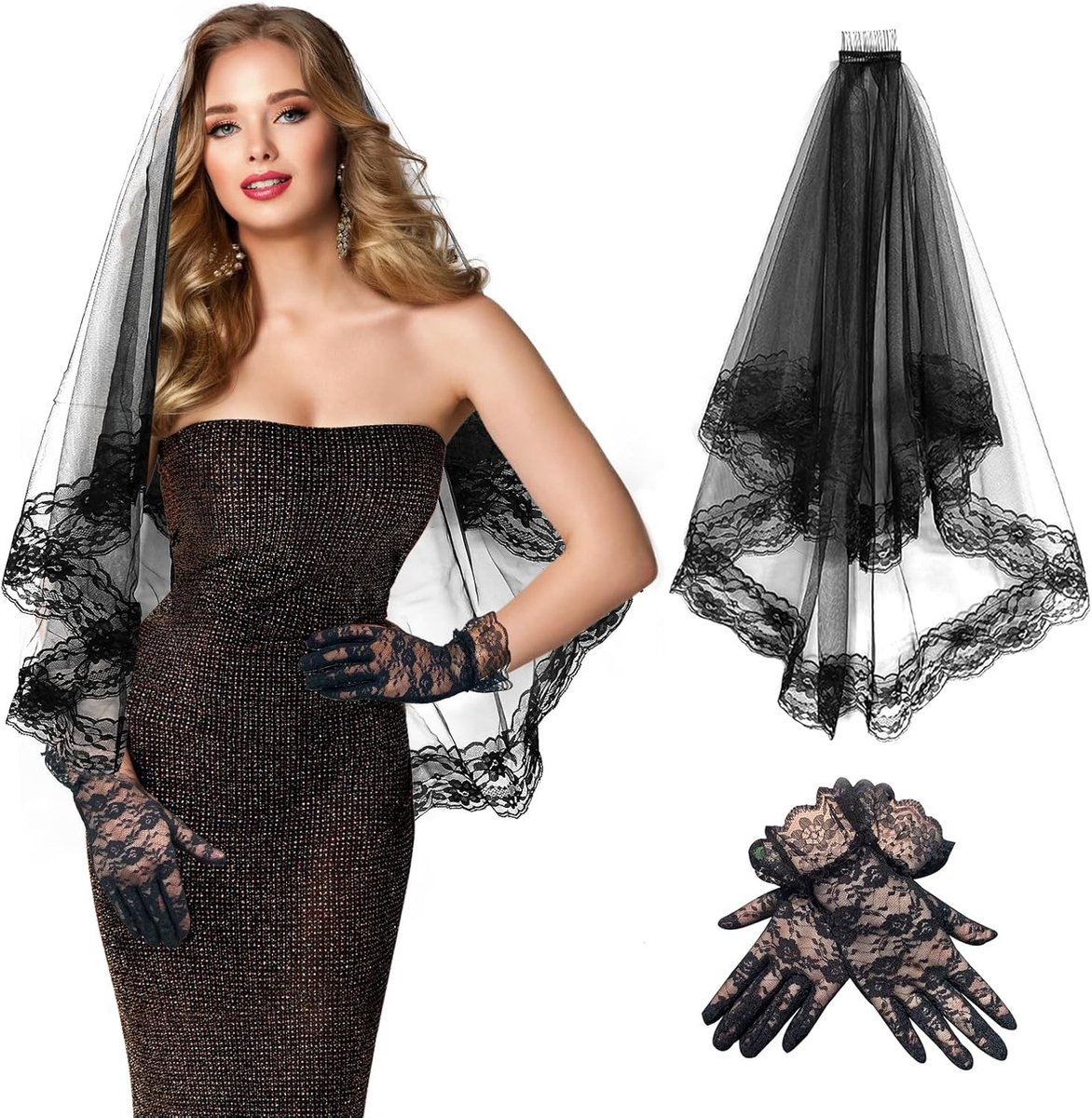 Zwart Tulle Bruidsluifel met Kam en Korte Kanten Handschoenen Set voor Halloween en Bruiloft, Perfecte Accessoire voor Kostuum en Feestelijke Gelegenheden