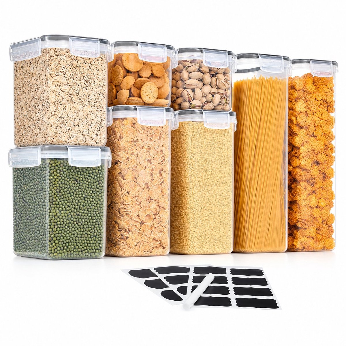 Arvion Voorraaddozen 8-delig Set, Opbergdoos, Keuken, Luchtdicht, Plastic met Deksel, Voorraadpotten voor het Bewaren van Pasta, Muesli, Rijst, Meel en Voeding voor Huisdieren