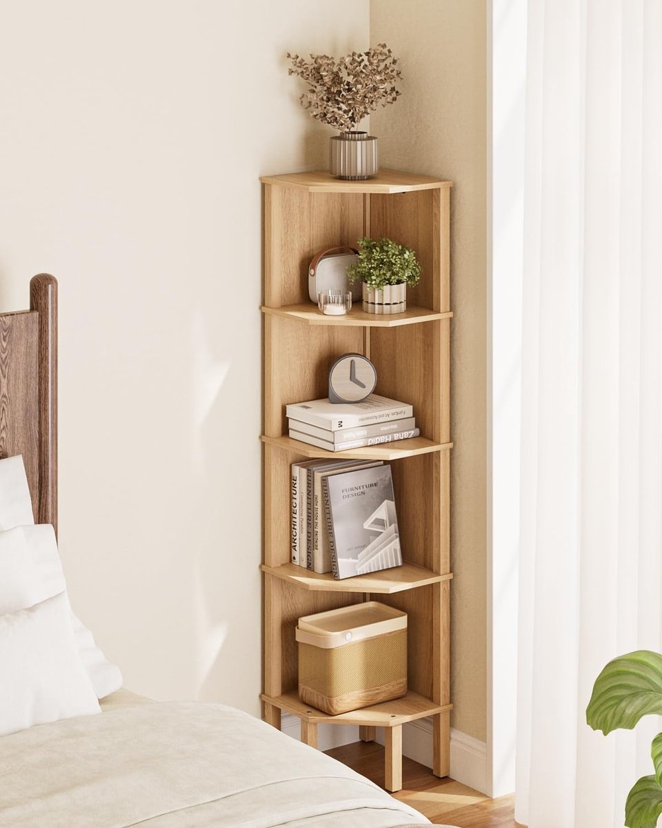 SnelShoppen - Hoekplank, 5-laags Hoekboekenkast, Plantenplank, Opbergrek voor Woonkamer, Kantoor, Slaapkamer, 127 x 28 x 29 cm, Eiken