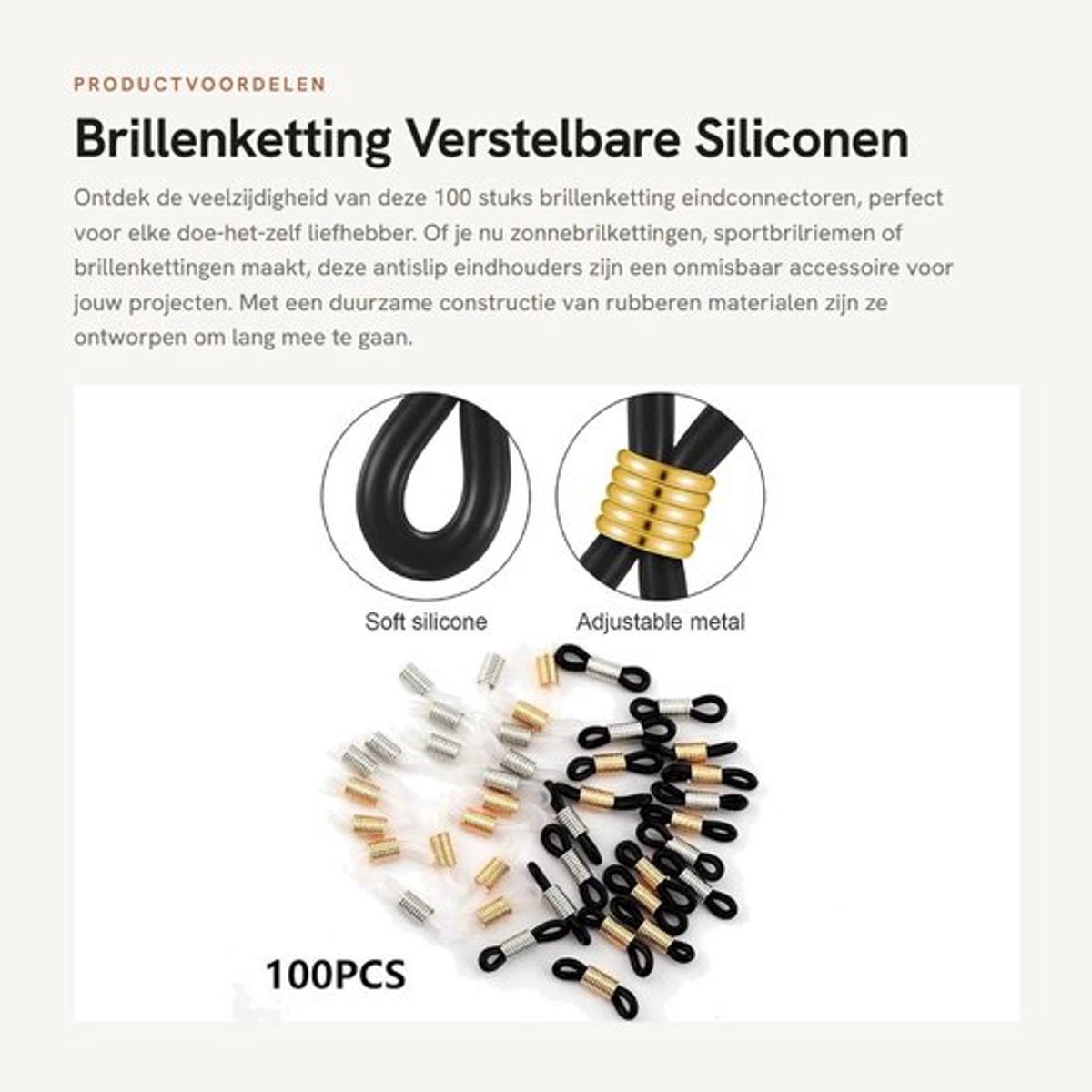 Brillenketting Antislip - Verstelbare Eindverbindingen - Duurzaam Rubber/Metaal - Connectoren voor Zonnebril/Sportbril - 100 Stuks - Perfect voor Doe-het-zelf - Brilhouder