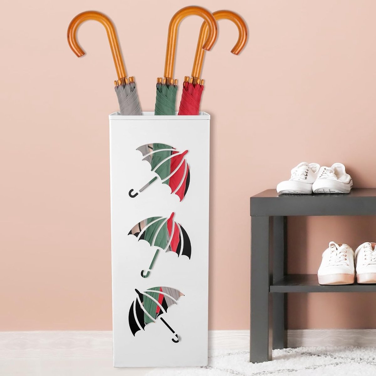 Vierkante metalen parapluhouder, moderne stijl, roestvrij, decoratief voor huis, kantoor en entree, 42 x 16 x 16 cm, ruimtebesparend en functioneel