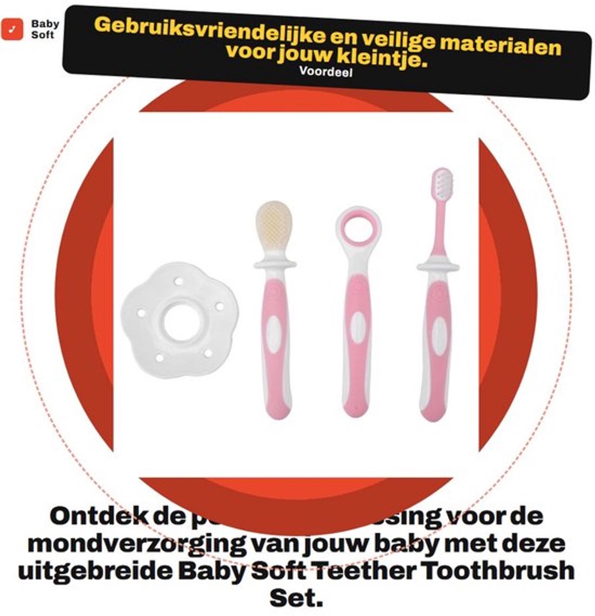 Tandenborstelset Antislip Handgreep - Bijtring/Tandenborstel - Tongkrabber - Dubbelzijdige Borstel - Beschermplaat - Innovatief Design - Babyverzorging