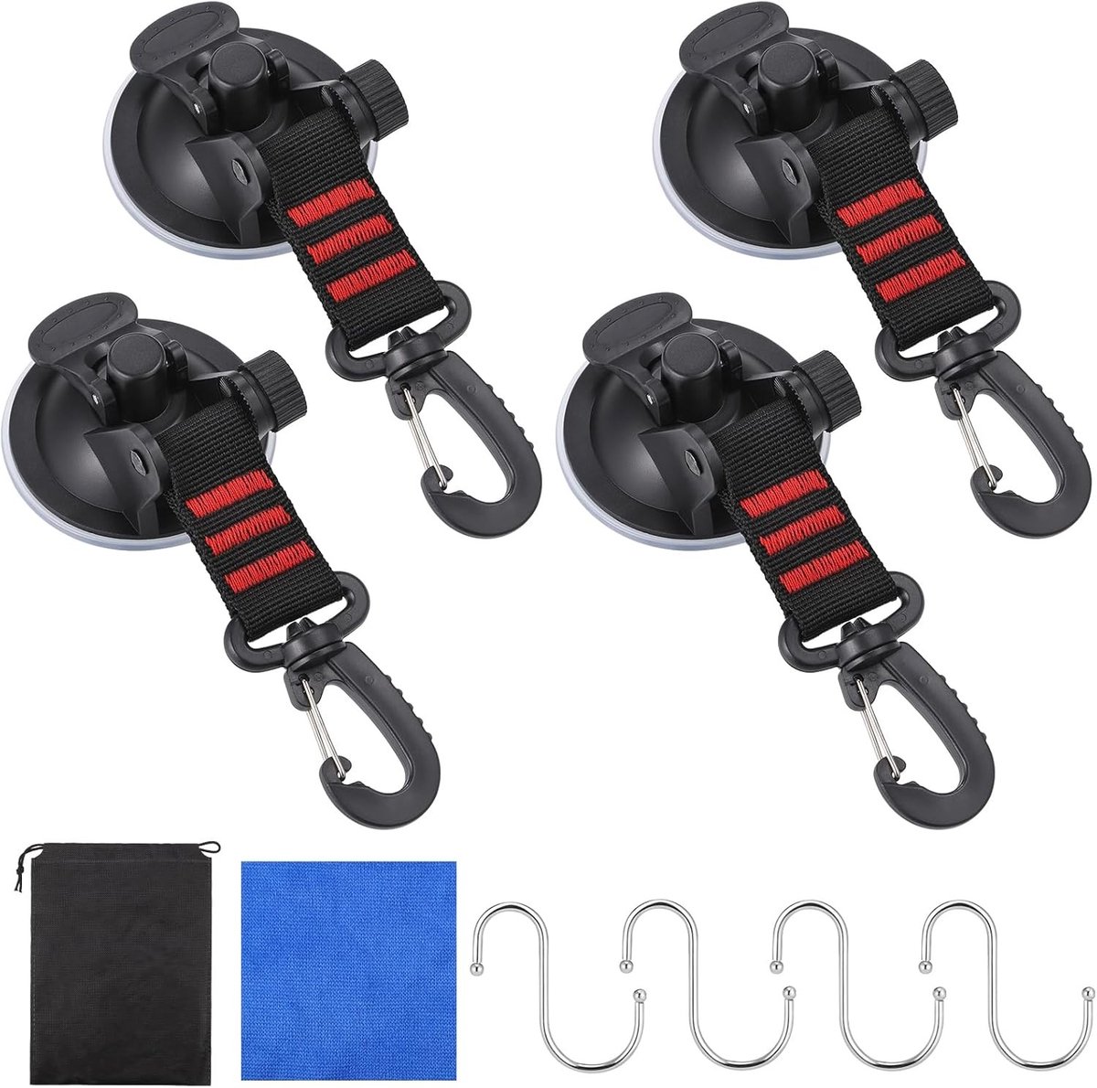 4 Stuks Extra Sterke Zuignappen met 360° Draaibare Riemhaken voor Camper en Camping