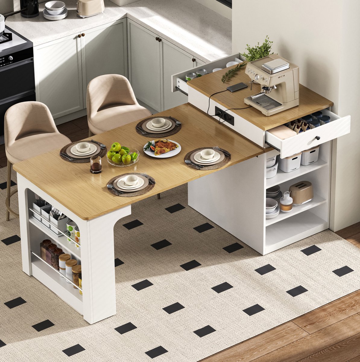 COVREO Uitschuifbare eettafel 151x80x92 cm – wit met houtlook, opbergruimte en stopcontacten