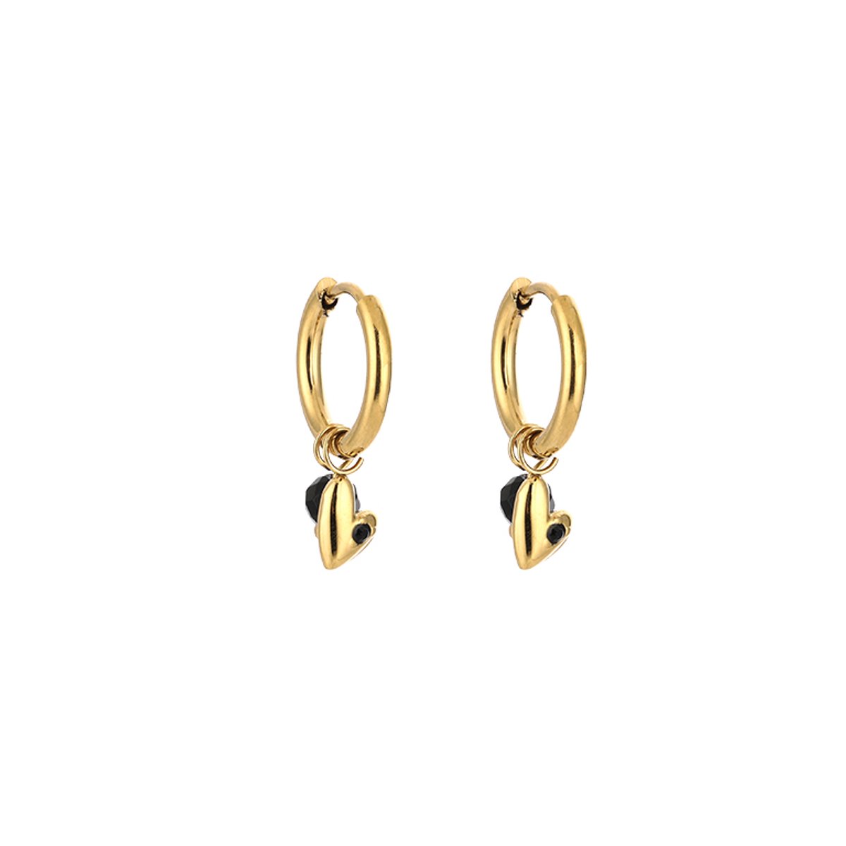 Stainless Steel Heart & Bead Charm Huggie Hoops – Luxe Hart & Kraal Hanger Oorringen – RVS - Zwart