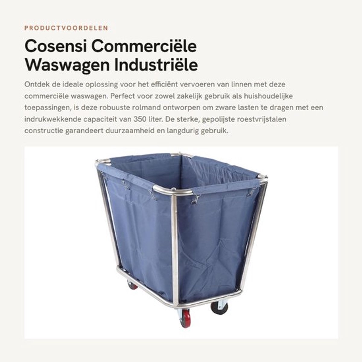 Waswagen 350 Liter Inhoud - Robuuste Rolwagen met Wielen - Duurzaam Roestvrij Staal - Slijtvast - Afneembare Oxford-Tas - Sterke Constructie