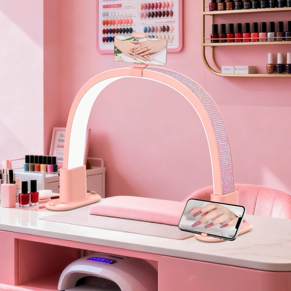 SnelShoppen - Halve Maan Lamp Desktop voor Nagels - 29 Inch Opvouwbare LED Nagellamp met Telefoon Houder, 3 Kleurmodi, 10 Helderheidsniveaus - Roze Bu