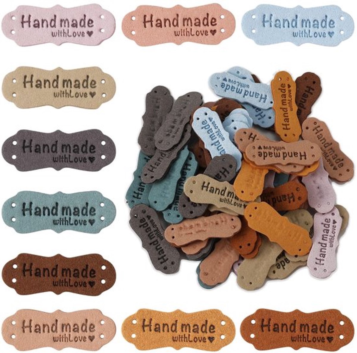 Etiketten Handgemaakt - 50 Stuks - Microfiber Leer - Kleurrijke Labels - 10 Kleuren - 4,2x1,5cm
