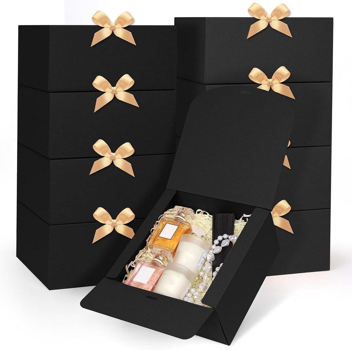 SnelShoppen - 12 Stuks Geschenkdozen 20x20x10 cm met Deksel - Vierkante Cadeauverpakking in Zwart met Gouden Satijnen Lint voor Bruiloft, Verjaardag,