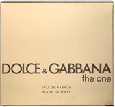 Gouden doos voor parfum met opschrift 'DOLCE & GABBANA the one'.
