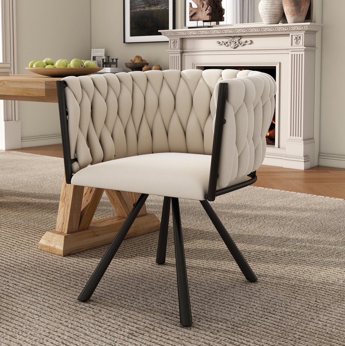 MEUNIQ Beige velvet kuipstoel eetkamerstoel met armleuningen, 360° draaibaar, metalen onderstel, 72 cm hoog voor eetkamer en woonkamer