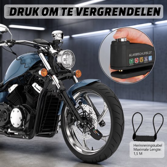 Schijfremslot met Alarm 110 dB - Remschijfslot met alarm - Motorslot en Scooterslot - Motor Alarm Sirene - 7 mm Pen - met Reminderkabel — afbeelding 3