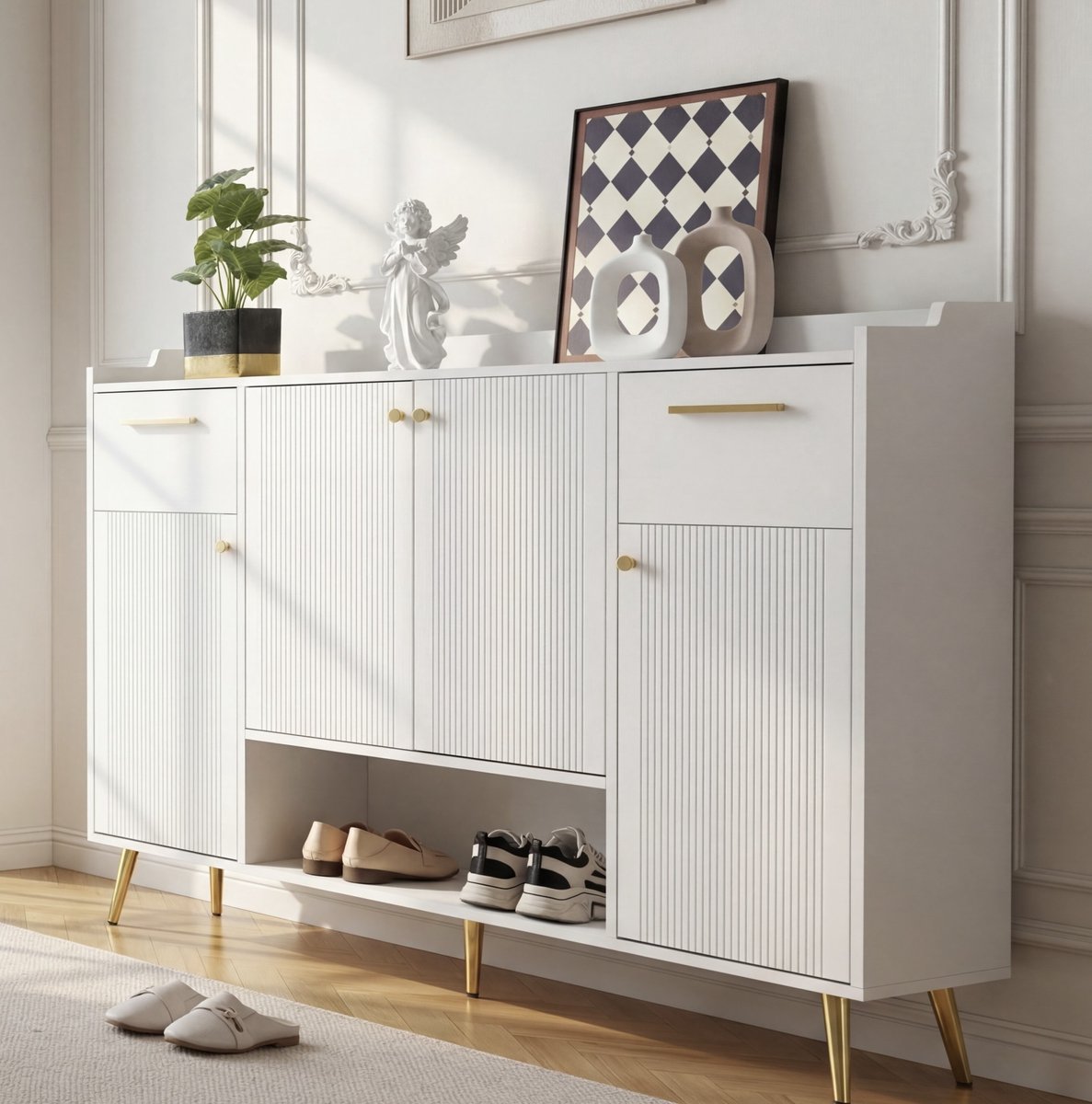 COVREO Schoenenkast 130x37x100 cm - wit, 2 lades, 4 deuren en open vak