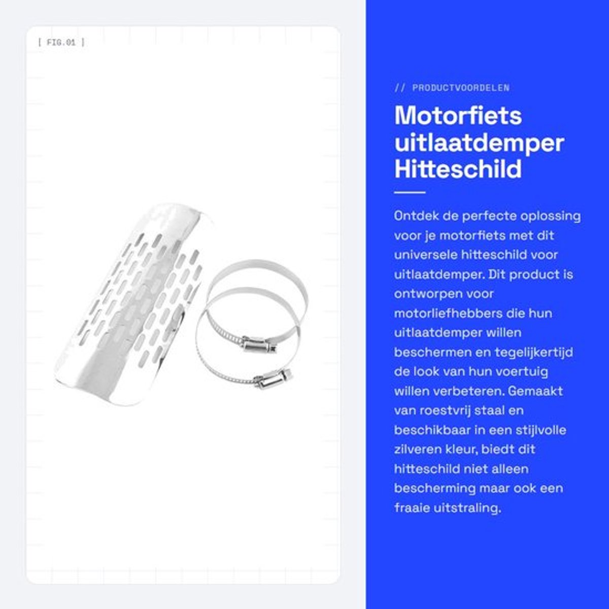 Uitlaatdemper Universeel - Hitteschild Roestvrij Staal - Verstelbare Montageklemmen - Geschikt voor Motorfietsen - Afmetingen 18,5 x 6,8 cm - Uitlaat