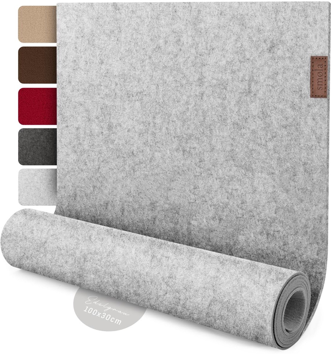 SnelShoppen - Grijze Vilt Tafelloper 100x30 cm - Moderne Tafeldecoratie - Afwasbare Scandinavische Tafelband met Lederen Label - Ideaal voor Feest, Ke