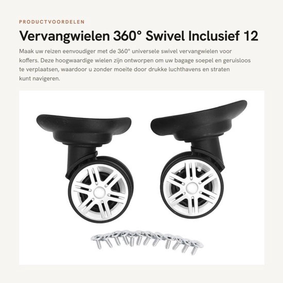 Vervangwiel 360° Rotatie - Kofferwielen Vervangset - ABS Kunststof - Geluidsarm - Inclusief 12 Bevestigingsschroeven - Totale Hoogte 9,5 cm