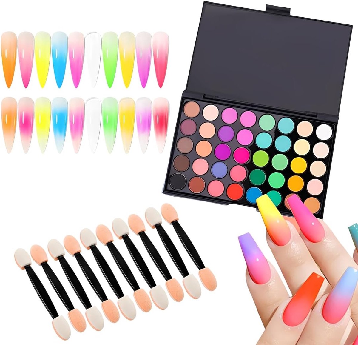 SnelShoppen - Nail Powder Set met 40 Kleuren, Ombré Glitter Poeder voor Nageldecoratie, DIY Nail Art inclusief 10 Dubbelzijdige Sponsborstels