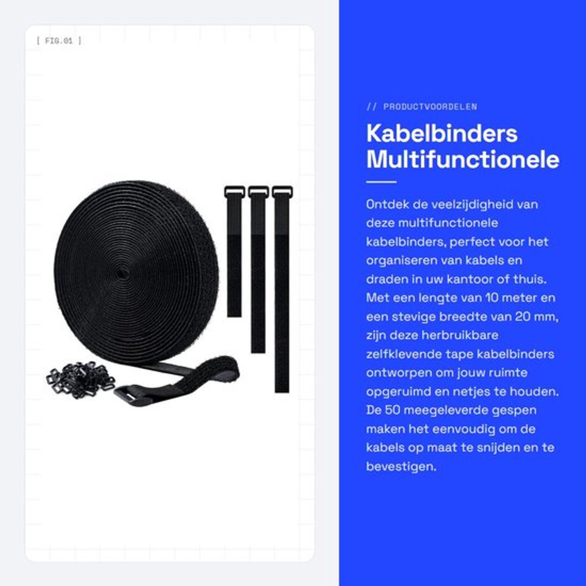 Kabelbinders 10 m - Verstelbare Snijlengte - Herbruikbare Zelfklevende Tape - Multifunctionele Draad- en Kabelorganizer - 50 Gespen - Duurzaam Nylonmateriaal