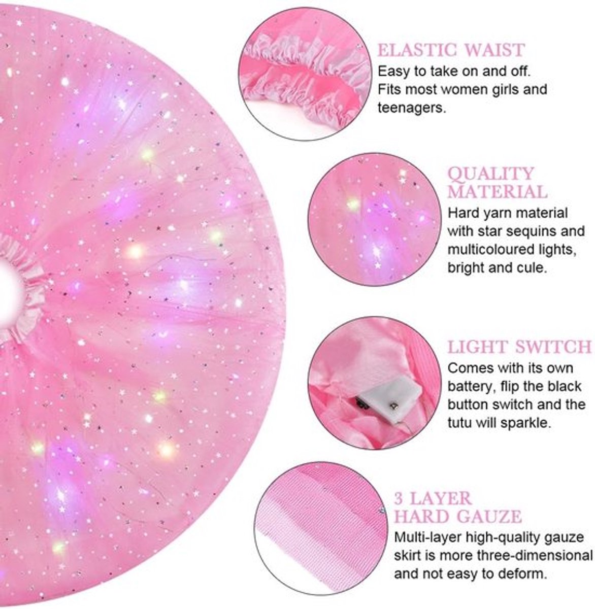 Tutu Rok - LED Lichtjes - Elastische Tailleband - Geschikt voor Dames en Tieners - Feestoutfit - 40 cm