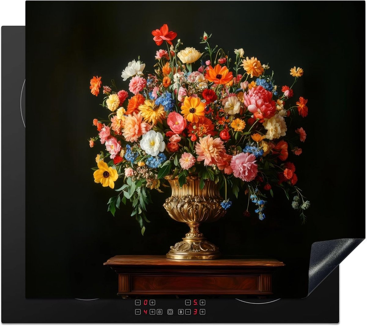 SnelShoppen - Inductiekookplaat Beschermer 60x52cm - Keuken Decoratie - Antislip Mat - Goud - Bloemen - Kleurrijk - Vaas - Ideaal voor Moderne en Trad