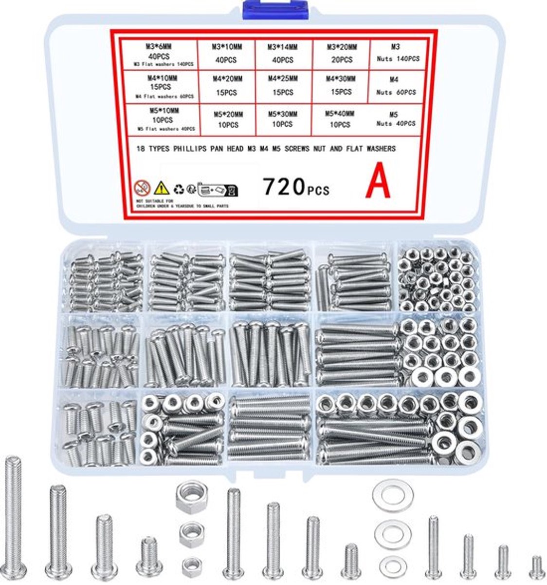 M3 M4 M5 Verzinkte Schroeven - Assortiment Set - Voor Thuis en Kantoor - Inclusief Moeren en Ringen - Geschikt voor Industrieel Gebruik