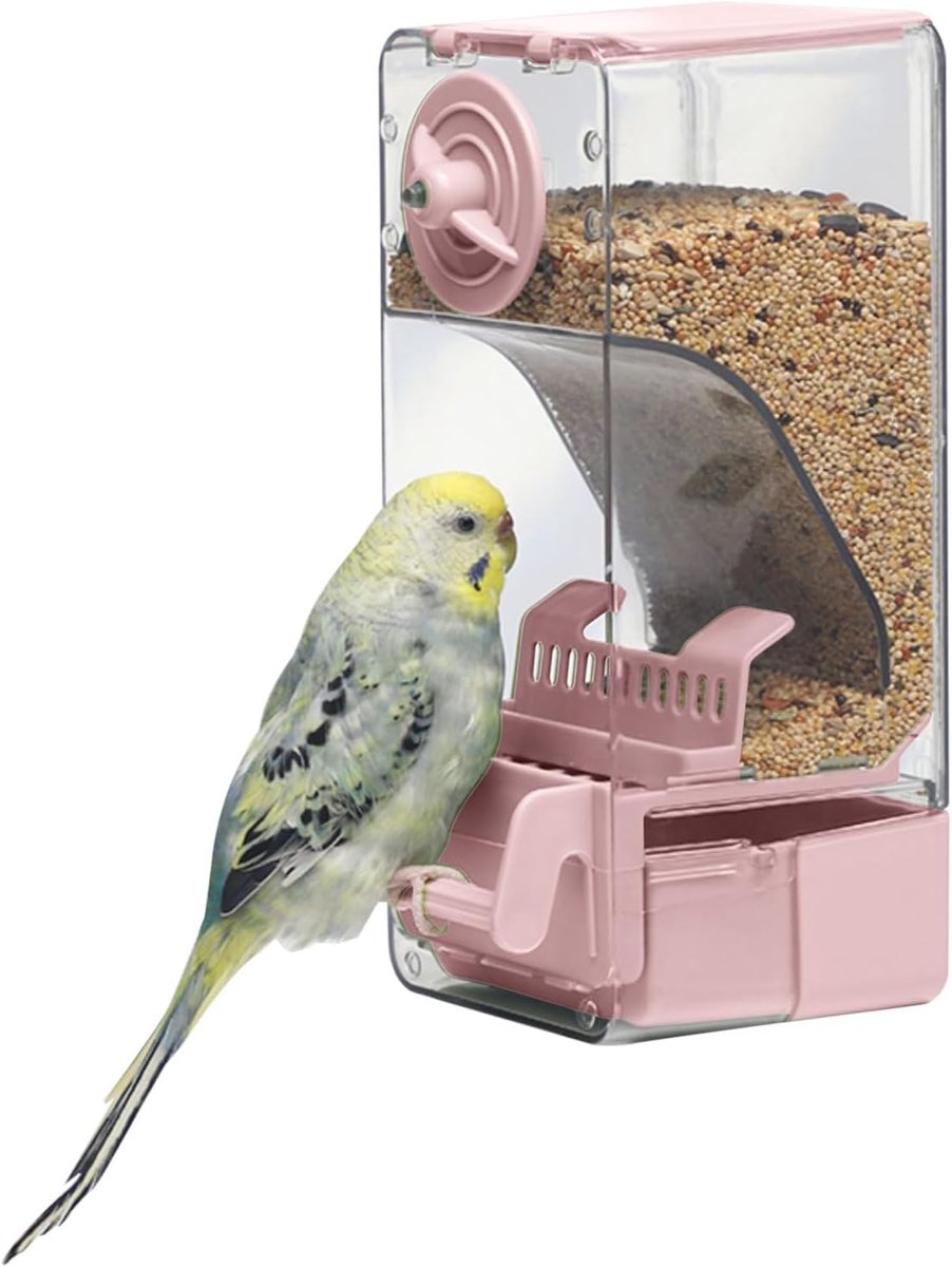 Automatische vogelvoeder met zitstok - roze - geschikt voor parkiet, kanarie, valkparkiet en vink - SnelShoppen