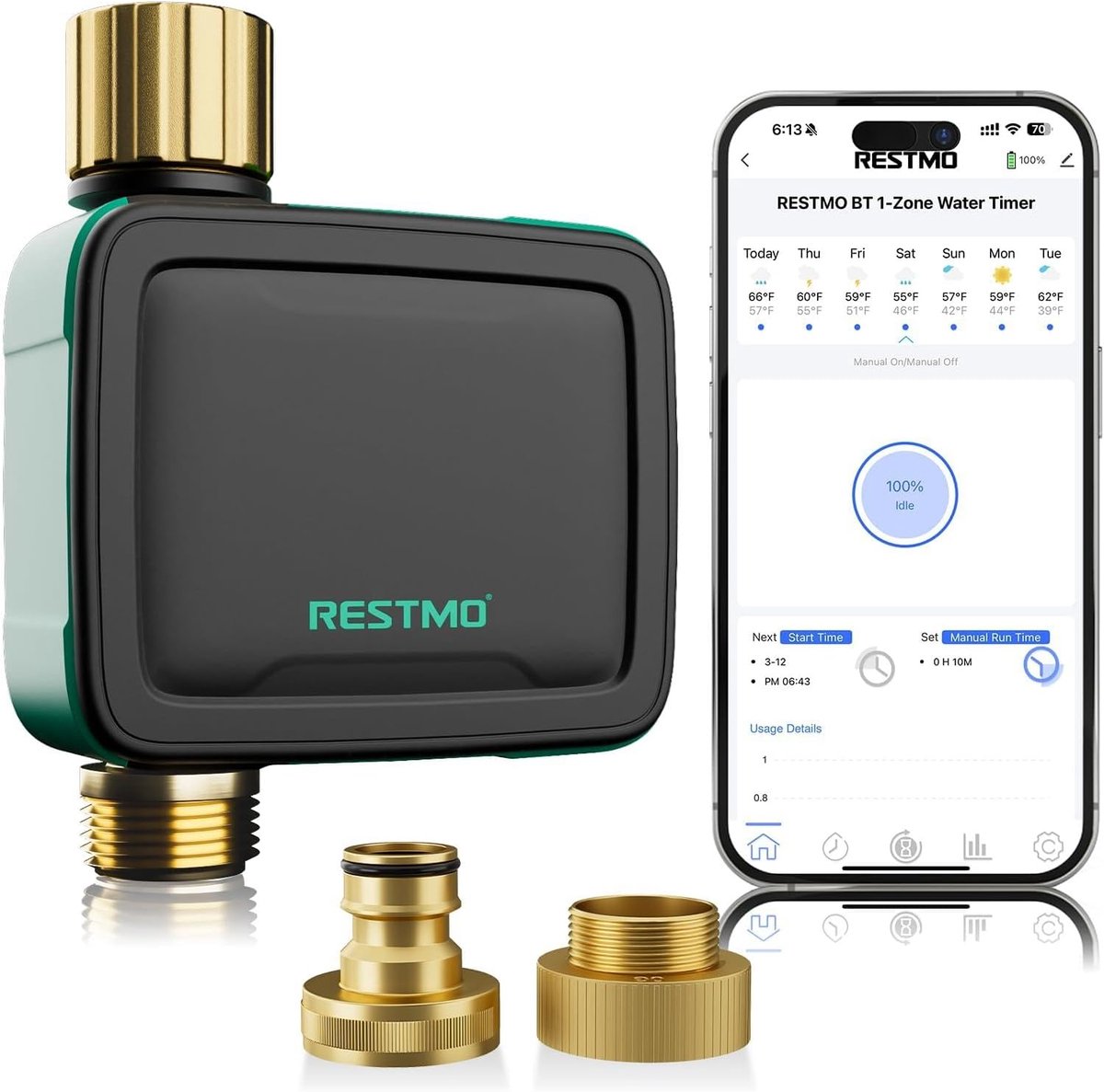 SnelShoppen - Irrigatiecomputer met Bluetooth, Automatische Tuinbewatering, 1 Zone Tuin Irrigatie Timer, Handmatig/Rain Delay, Voor Tuin, Gazon en Blo