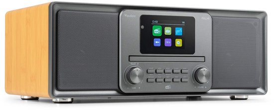 DAB radio met CD speler, houtlook bovenkant, donkergrijze voorkant met scherm en draaiknoppen.