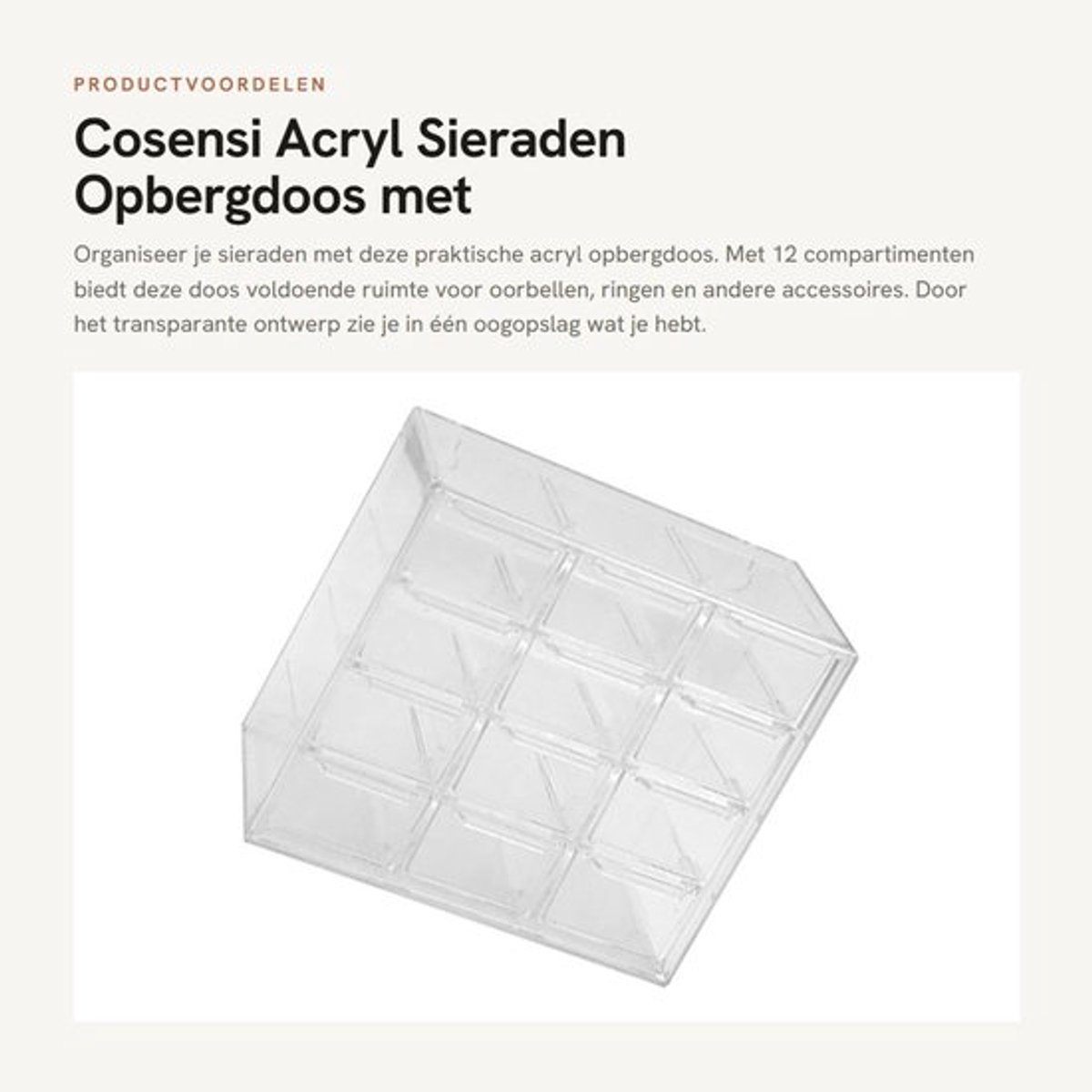 Sieradenopbergdoos Herbruikbaar - Oorbellen Organizer - Acryl Opbergdoos - Compartimenten 12 - Transparant - Multifunctioneel