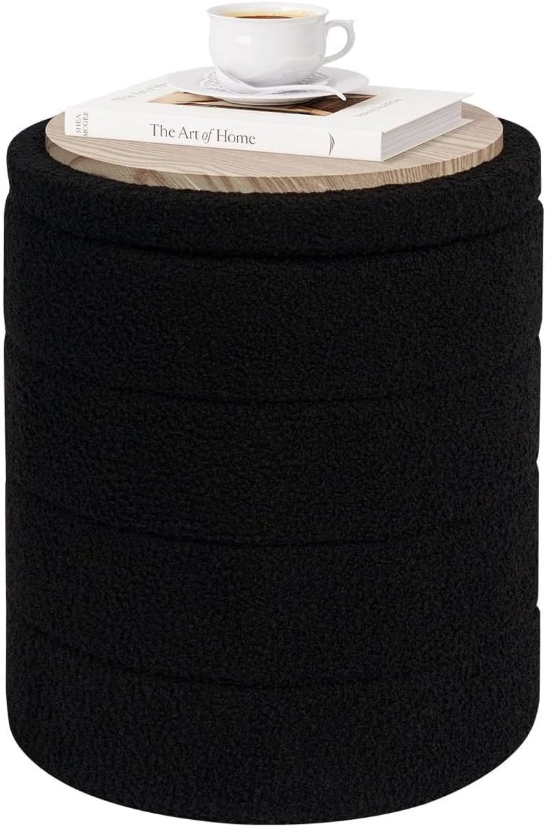 SnelShoppen - PINPLUS Vouwbare Opbergpoef 37x37x45cm, Zachte Puff Met Deksel als Bijzettafel voor Woonkamer en Slaapkamer, Zwart