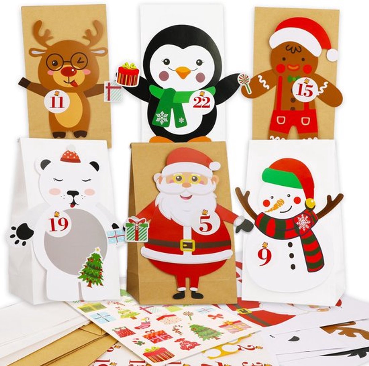 Adventskalender om te vullen - Papieren zakken - Houten klemmen - Stickers - Doe-het-zelf - 10 zakjes voor kerstcadeaus - Kerstkalender