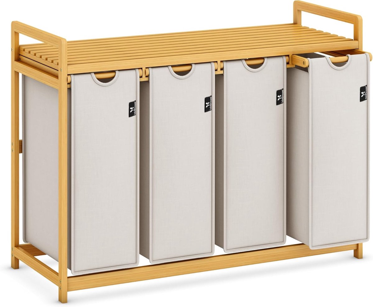 SnelShoppen - Wasmand 200L met Bamboe Frame en 4 Compartimenten | Afneembare Waszakken, Stabiele Opslag tot 45kg, Lichtgrijs