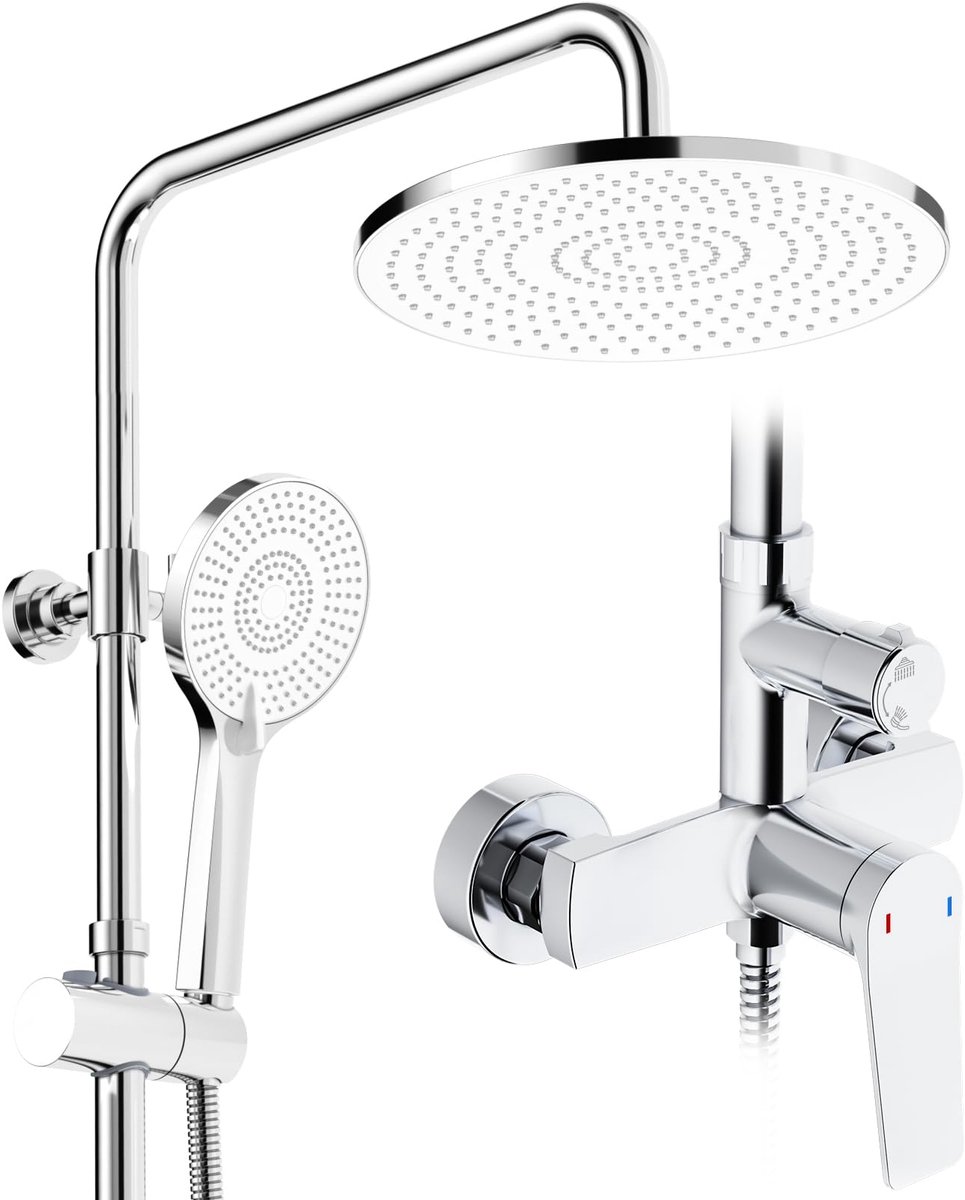 SnelShoppen - Douchesysteem met Chroom, Regendouche met Messing Armatuur, 25 cm Douchekop, 3 Straalsoorten, Complete Doucheset voor Luxe Doucheervarin