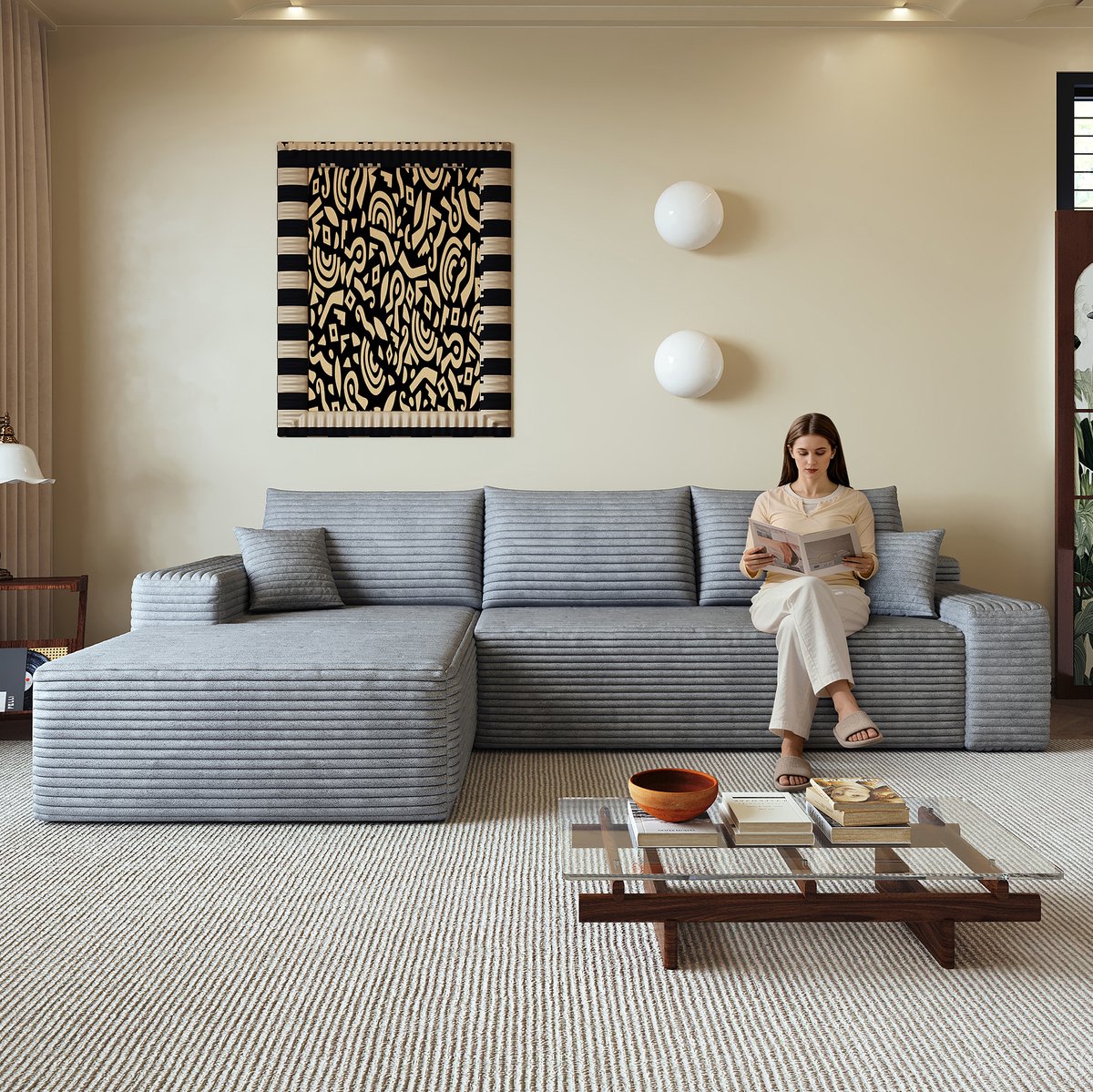 OKWISH Hoekbank 270 cm - Modulaire L-Vormige Chaiselongue Met Diepe Zitting - Geen Montage Nodig Voor Woonkamer Of Slaapkamer - Stof - Grijs