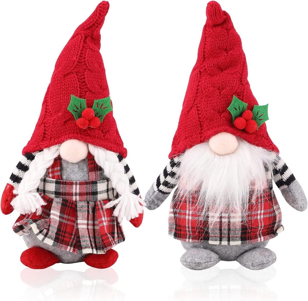 SnelShoppen - 2Pcs Kerst Gnoom Pluche Pop, Rode Ruit Handgemaakte Gebreide Pluche Gnomes Zittend Dwarf Elf Pop voor Kerstmis Openhaard Kantoor Feestde