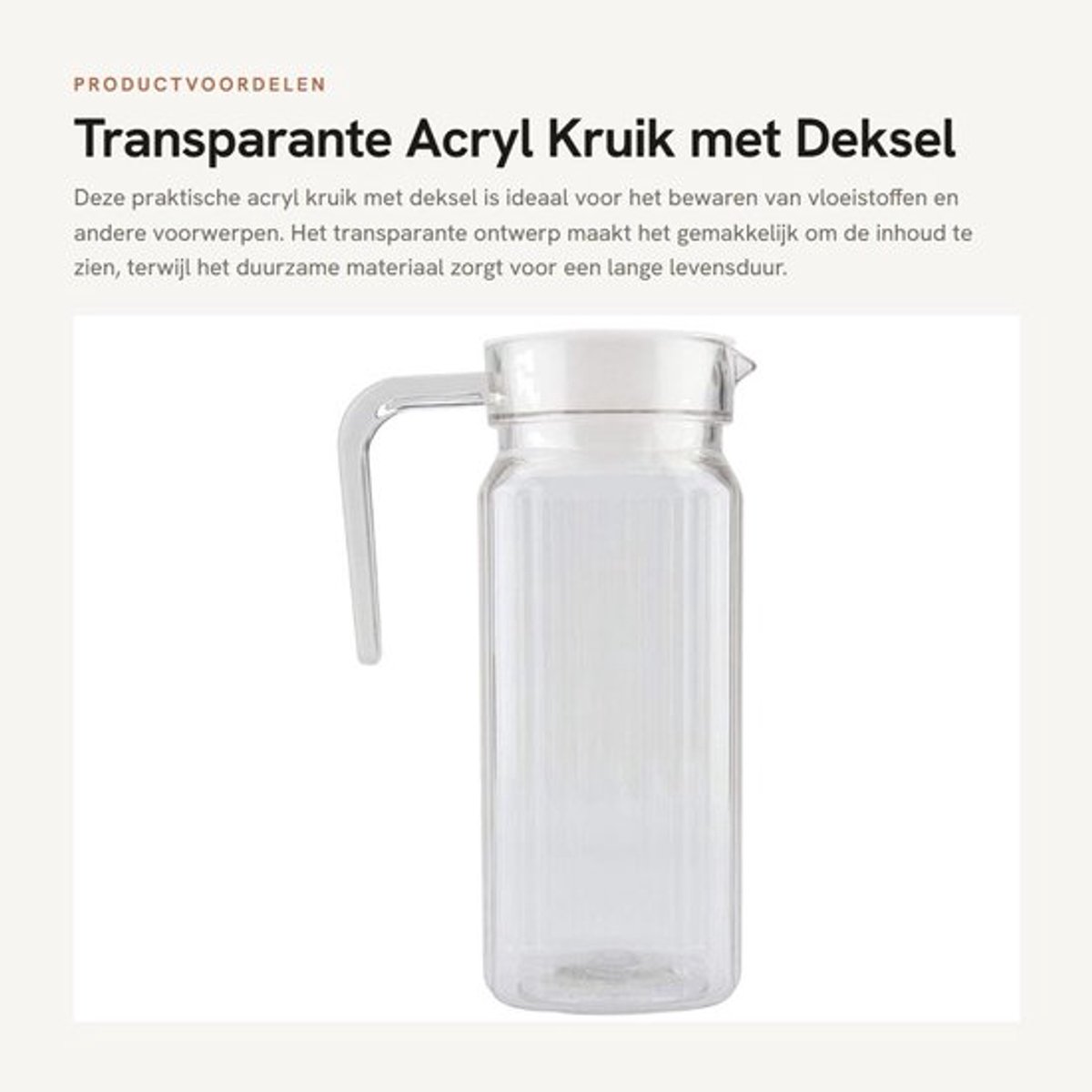 Acryl Kruik 800ML - Transparant - Deksel - Duurzaam - Handvat - Voedselveilig - Waterkan