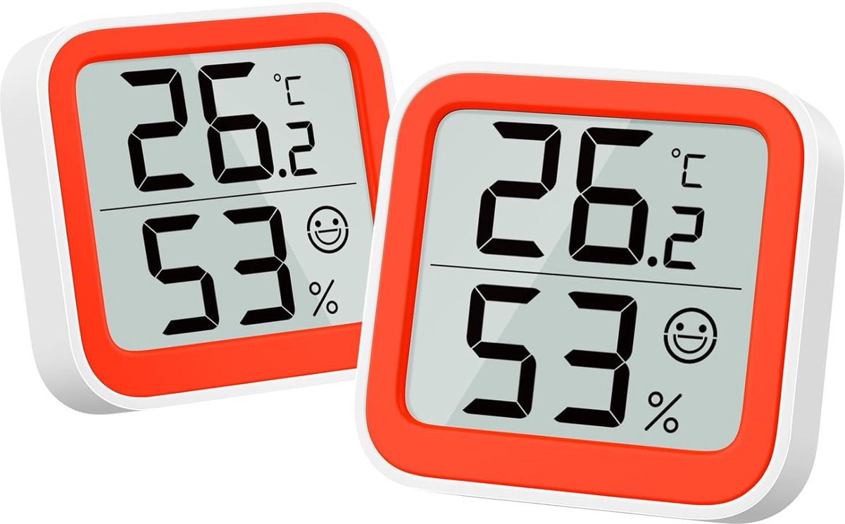 SnelShoppen - Mini Thermometer en Hygrometer, Binnen Temperatuur Meter, Vochtigheidsmeter met Gezichtsicoon, Comfort Indicator, °C/℉ Schakelaar, Oranj