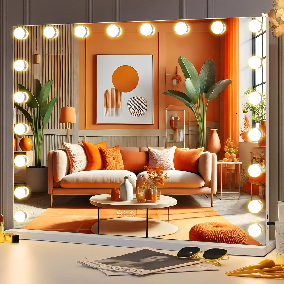 SnelShoppen - FENCHILIN Hollywood Spiegel met Verlichting 100 x 80 cm, 20 LED's, USB-oplaadpoort, 3 Dimbare Lichtkleuren, Make-up Spiegel met 10x Verg