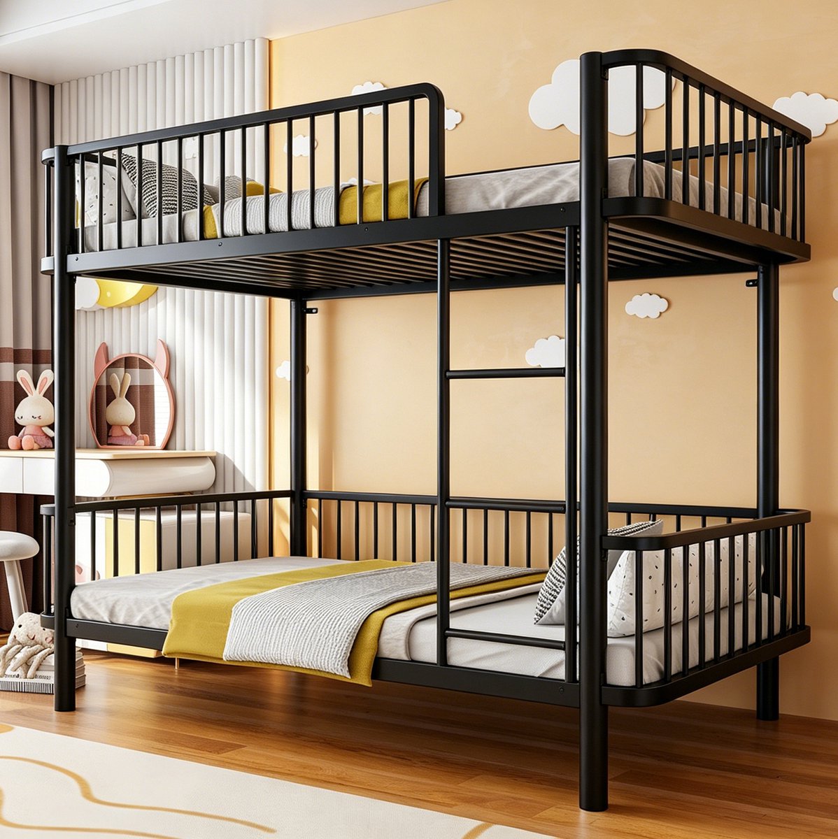 OKWISH Stapelbed 90x200 cm – Ruimtebesparend Met Afgeronde Hoeken – Met Veiligheidshekken – Zonder Matras – Voor Kinderen – Metaal – Zwart