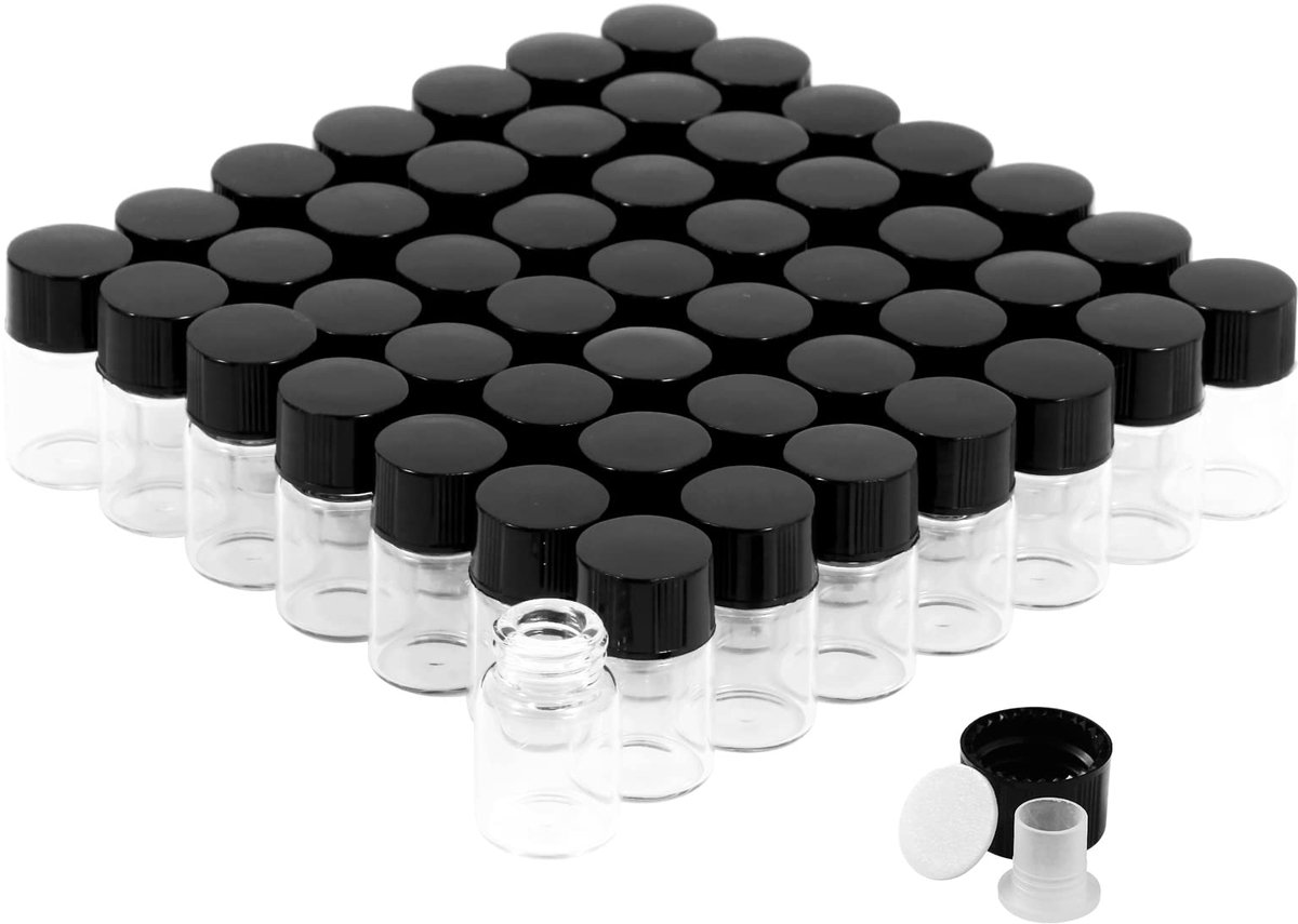 SnelShoppen - Glazen flesjes 2 ml met schroefdop en kunststof stop, 50 stuks, lekvrije transparante mini flessen voor vloeistof, poeder, monsters en k