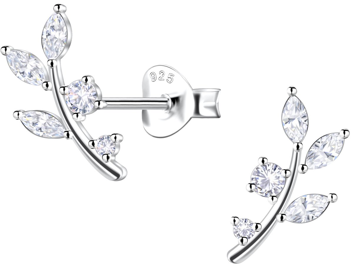 Joy|S - Zilveren takje oorbellen - 6 x 11 mm - massief - zirkonia marquise - tak met blad - sterling zilver 925 - elegante oorknoppen voor dames - gebogen model met blaadjes