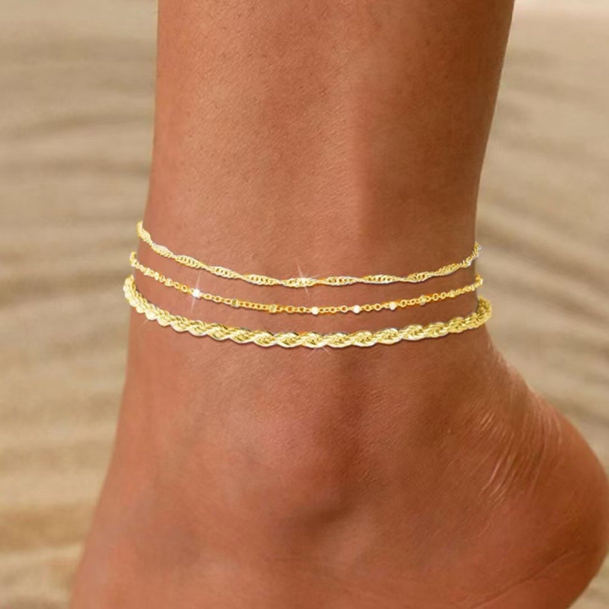 Damesenkelbandje - 3-delige set - 20cm - Stapelbaar - Strandaccessoires - Veelzijdig enkelbandje - Enkelbandje met waterrimpelvlecht - Stapelbaar enkelbandje - Enkelbandjesset - Enkelketting - Damesenkelbandjes - Zomeraccessoires - Strandenkelbandjes