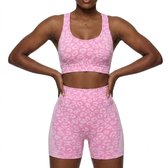 Helder roze dames sportset fitnesskleding naadloos met hoge taille sport shorts en sport bh luipaard patroon yoga fitness hardlopen set maat M
