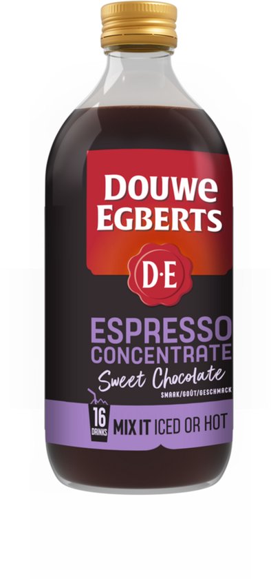 Fles Douwe Egberts espresso concentrate, zoete chocolade smaak, 16 drankjes.
