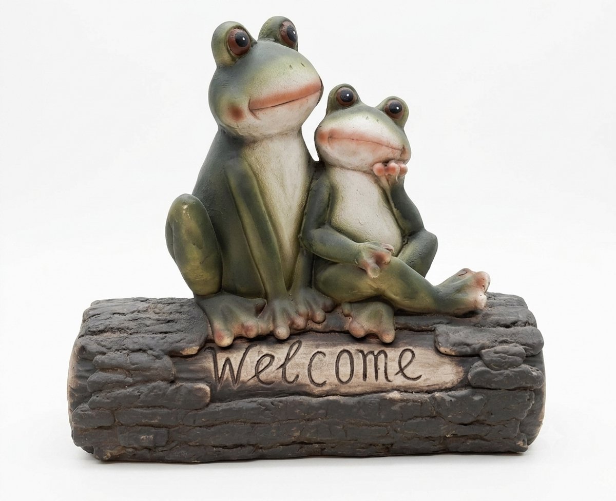 Kikker Koppeltje op Boomstam met "Welcome" - Decoratief Keramiek Beeld - 34 cm Hoog - Vrolijk Welkomstbord voor Tuin & Hal